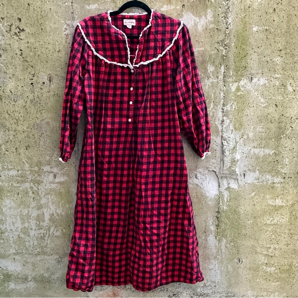 Lanz of Salzburg Plaid Flannel Nightgown with Lace Trim, S